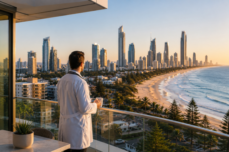 Doctor overlooking the Gold Coast while considering the best suburbs to buy a home.